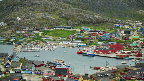 High angle view of boats moored in bay