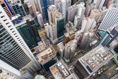 High angle view of modern buildings in city