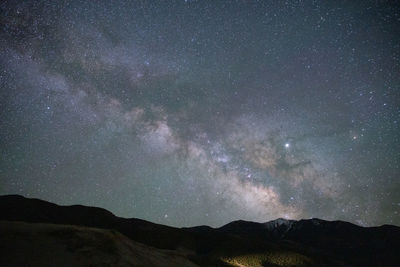 Scenic view of silhouette mountain against sky at night