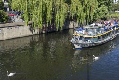 Boat moored on river by trees