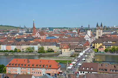 High angle view of buildings in city