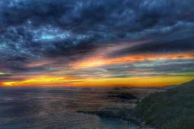 Scenic view of sea against dramatic sky