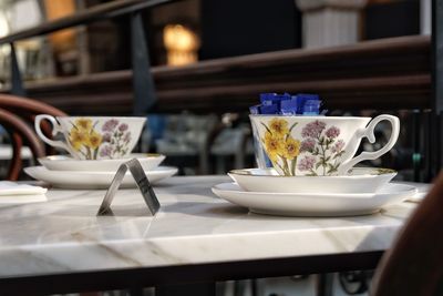 Tea cup on table in restaurant