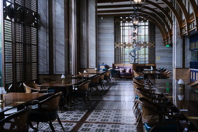 Wide interior of dinning hall of a restaurant