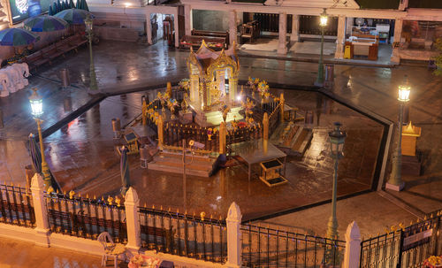 High angle view of illuminated buildings at night