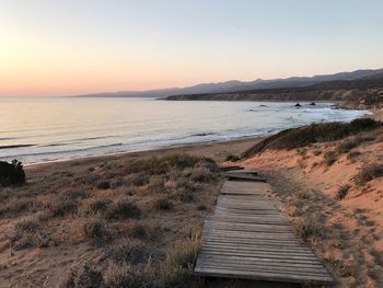 Scenic view of beach against sky during sunset