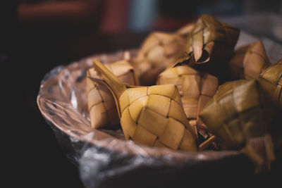 Close-up of chocolate cake in basket on table