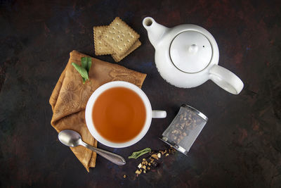 High angle view of breakfast on table