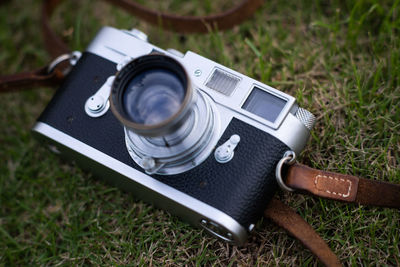 High angle view of camera on field