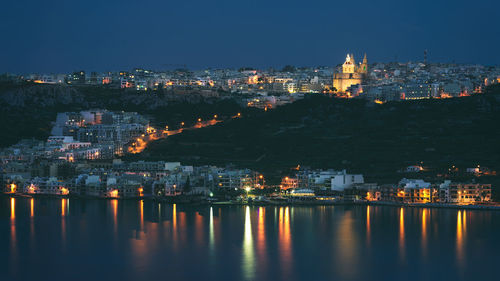 Illuminated city at waterfront