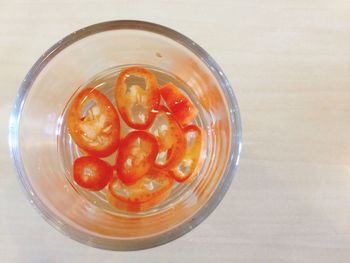 High angle view of tomatoes in bowl on table