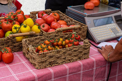 High angle view of fruits in basket