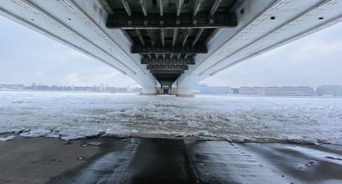 Bridge over frozen river in city against sky