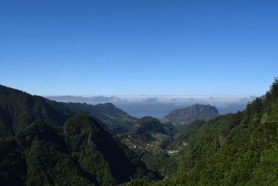 Scenic view of mountains against clear blue sky