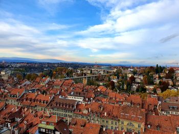 High angle shot of townscape against sky