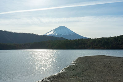 Scenic view of lake and mountains against sky