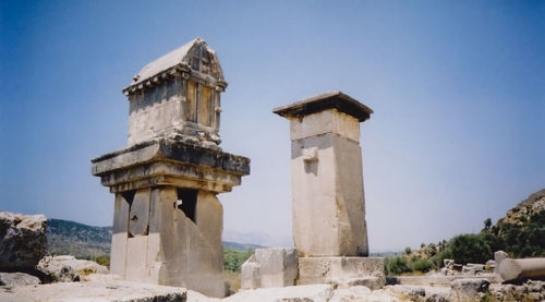 Low angle view of old building against clear blue sky