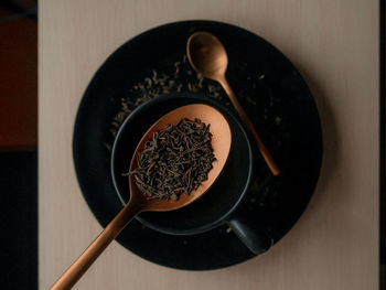 High angle view of breakfast on table