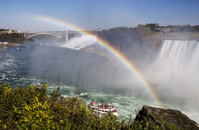 Scenic view of rainbow over waterfall