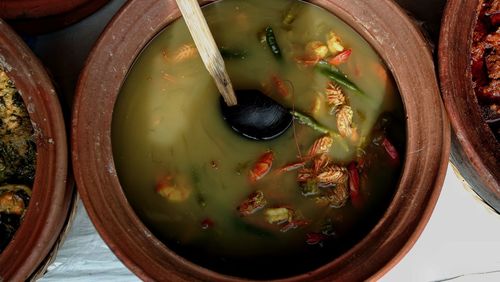 High angle view of soup in bowl