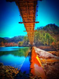 Reflection of bridge in water against clear blue sky