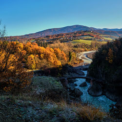 Scenic view of landscape against clear sky during autumn