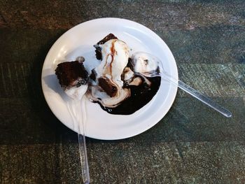 High angle view of ice cream in plate on table