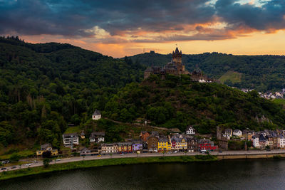 Panorama of cochem with the reichsburg cochem, germany. drone photography.