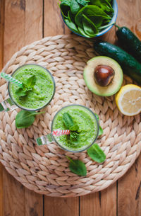 Close-up of green smoothie in a glass with fresh mint and ingredients