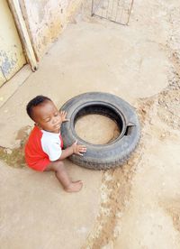 High angle view of cute boy