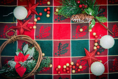 Directly above shot of christmas decorations on table