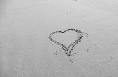 High angle view of heart shape drawn on beach