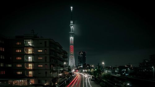 View of city lit up at night
