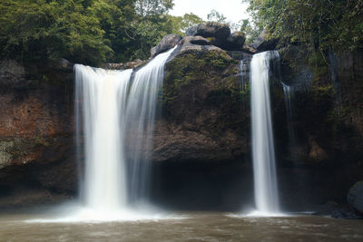 Low angle view of waterfall in forest