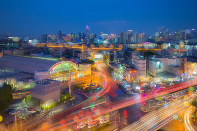 High angle view of illuminated city at night