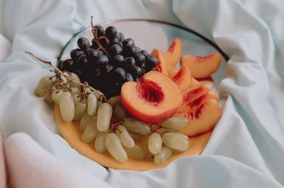 High angle view of breakfast on bed