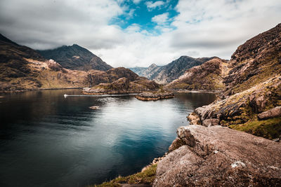 Scenic view of lake against cloudy sky