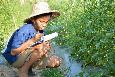 Boy writing on notepad by tomato plants at farm