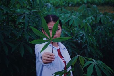 Portrait of woman holding leaves while standing amidst plants