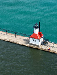 View of the north pier lighthouse, taken from above in a helicopter, in st joseph mi usa