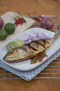 High angle view of breakfast served on table