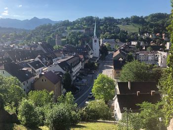 High angle view of townscape against sky