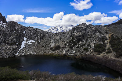 Scenic view of lake by mountains against sky