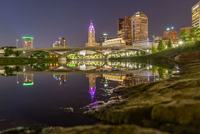 Illuminated buildings in city at night