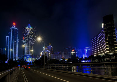 Illuminated city buildings at night