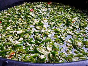 High angle view of chopped vegetables in container