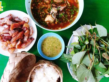 High angle view of food served on table