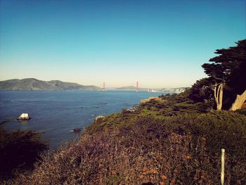 Suspension bridge against clear sky