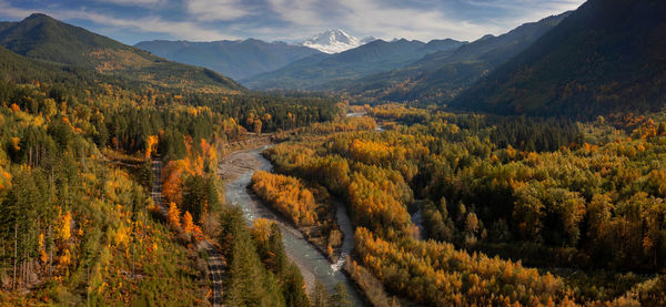 Autumn colors and the road to mt. baker. aerial view of the nooksack river and the mt. baker highway