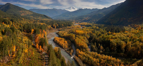 Scenic view of mountains against sky during autumn